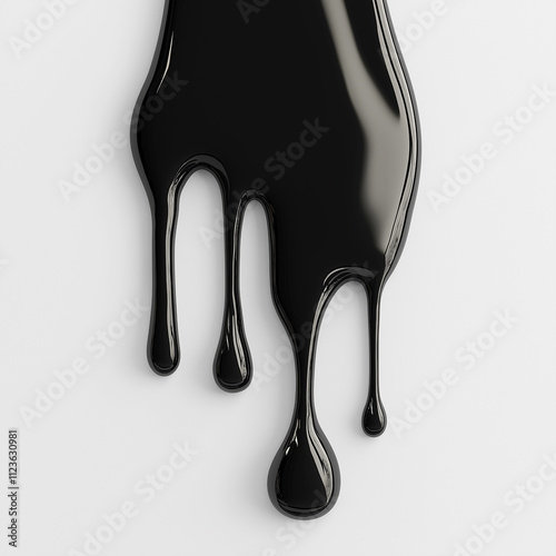 Abstract black liquid dripping on white background, modern and minimalist design, symbolizing luxury, fluidity, and artistic simplicity in high contrast tones.
