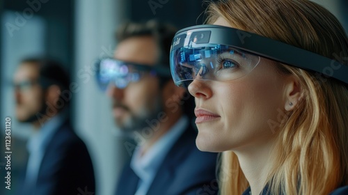 Business professionals wearing futuristic smart glasses, looking ahead.