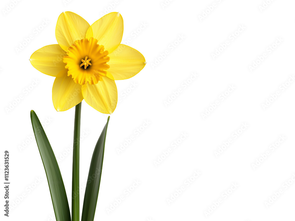 Bright yellow daffodil flower with green leaves isolated on a clean white background, symbolizing spring, beauty, and renewal
Bright yellow daffodil flower with green leaves isolated on a clean white background, symbolizing spring, beauty, and renewal