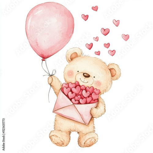 Watercolor illustration of a bear accompanied by a balloon, butterfly, and a Valentine's Day letter, isolated on a backdrop with an envelope featuring hearts.