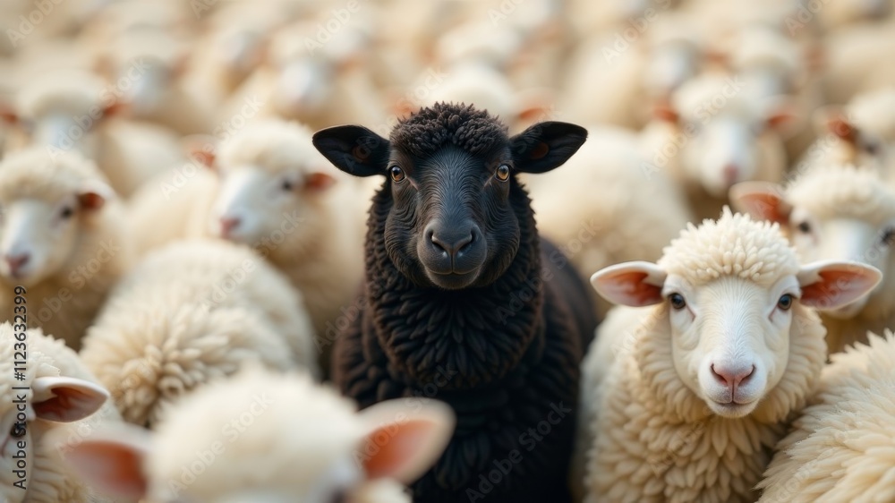 Obraz premium A unique black sheep standing out amidst a crowd of white sheep, highlighting individuality and diversity in a flock