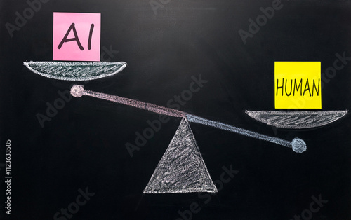 abstraction of balance between artificial intelligence and people. on the scales are the inscriptions HUMAN and AI . HUMAN outweighs human, HUMAN is more important than human AI photo