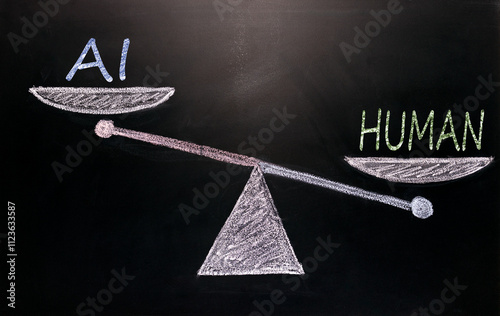 abstraction of balance between artificial intelligence AI and people. on the scales are the inscriptions HUMAN and AI . HUMAN outweighs human, HUMAN is more important than human AI photo