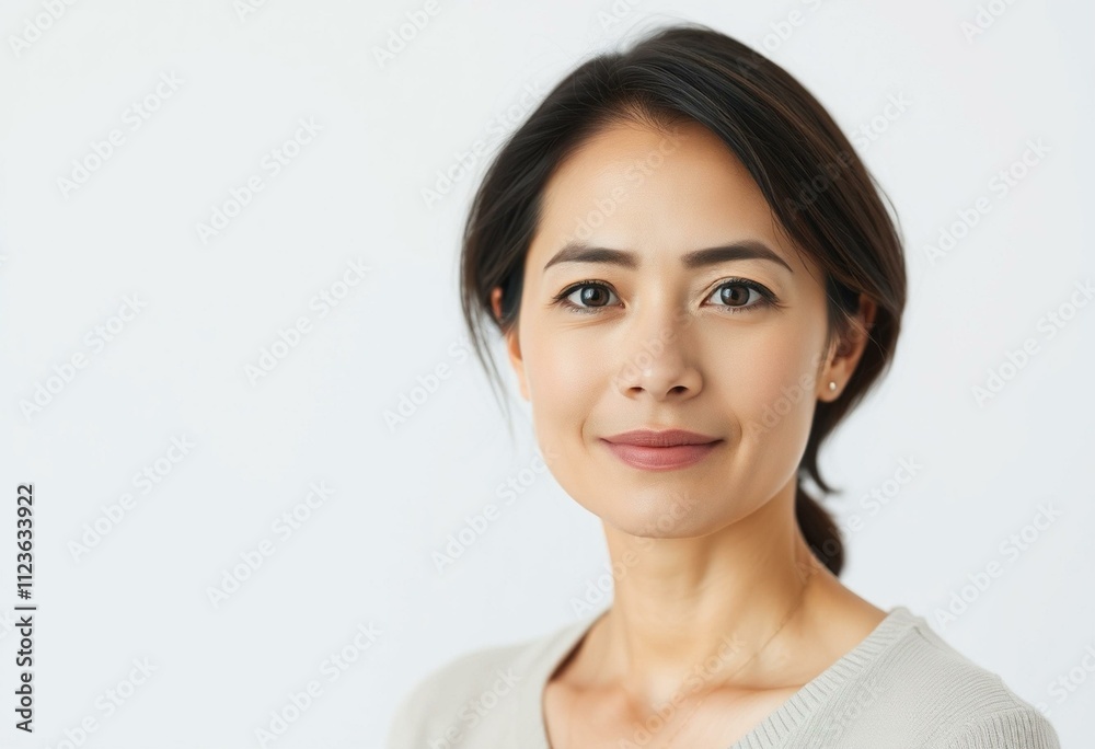 A serene and peaceful portrait of a 35-year-old woman with a calm expression. A serene and peaceful portrait of a 35-year-old woman with a calm expression.