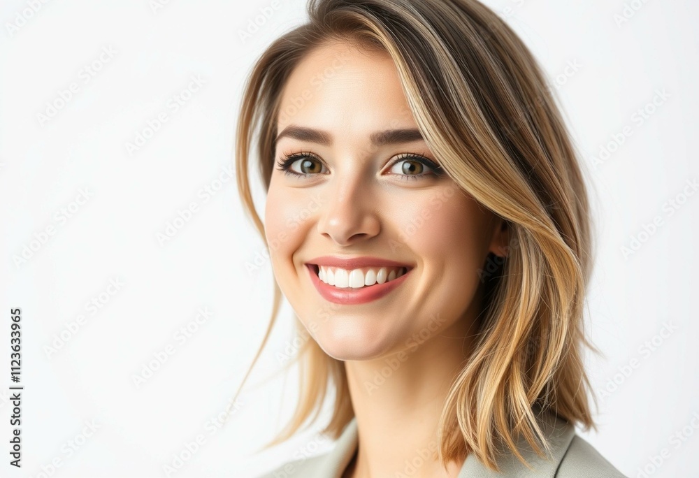 Naklejka premium A warm and inviting half-length portrait of a 30-year-old woman with a smiling expression.