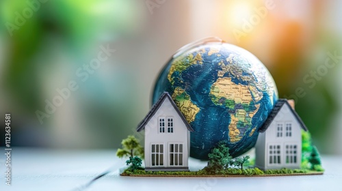 Two miniature houses flank a small globe, symbolizing global real estate or sustainable housing.