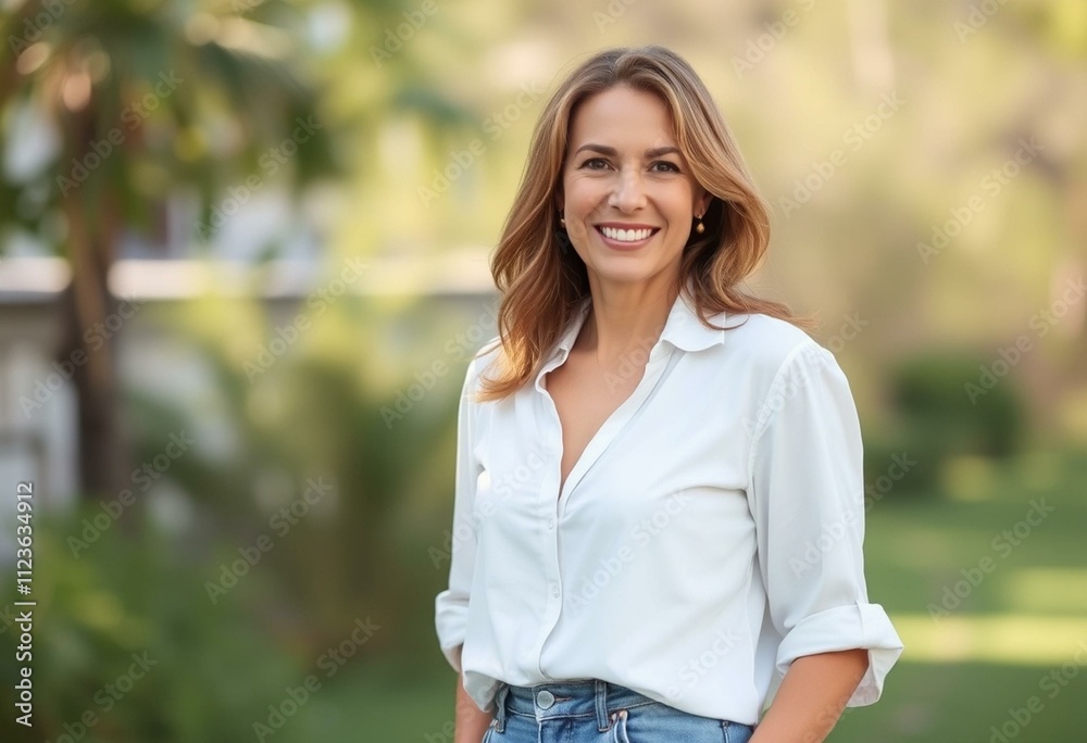 Half-length portrait of a smiling woman in a natural setting Half-length portrait of a smiling woman in a natural setting