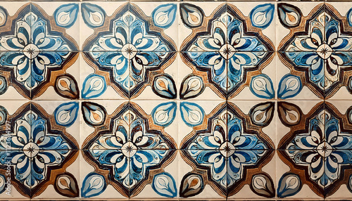 Ornate tile pattern with blue and brown floral and leaf motifs, featuring symmetrical and intricate designs, showcasing the beauty of traditional craftsmanship Generative AI