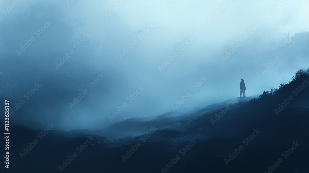 Fototapeta premium A lone wanderer reflects on life while standing in a dense fog, seeking clarity in the mist.