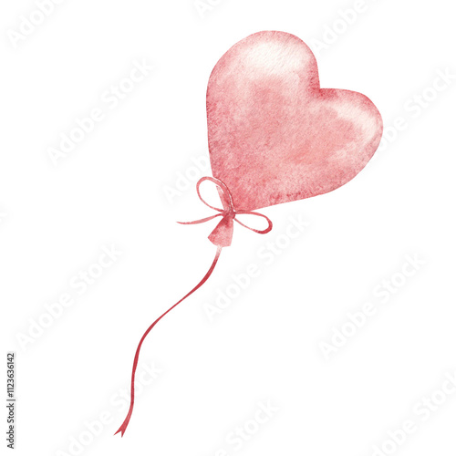 Heart shaped pink air Balloon. Hand drawn Watercolor festive illustration. Decorative element for Valentines Day or Wedding designs. For card, invitations and prints.
