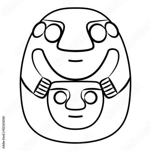 Stylized human figurine holding a mask or head. Indigenous Native American design from ancient Peru. Recuay culture. 