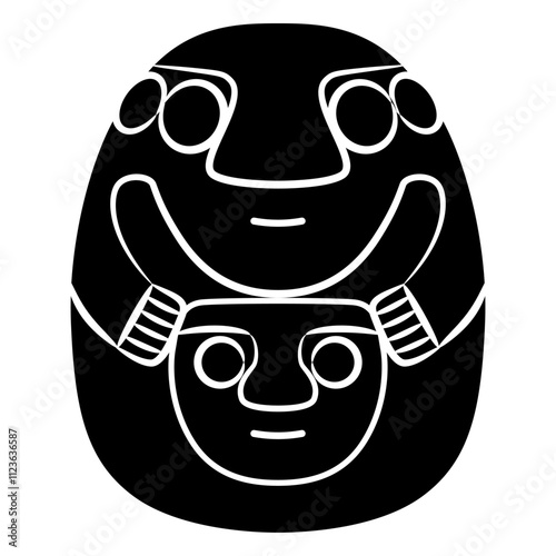 Stylized human figurine holding a mask or head. Indigenous Native American design from ancient Peru. Recuay culture. 