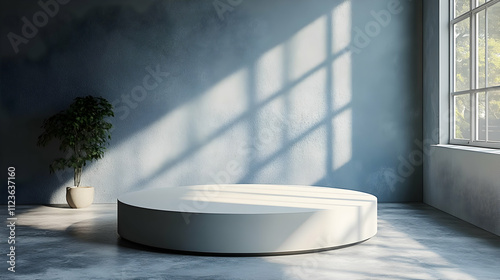 A round, white, concrete pedestal, centrally located on a light wooden floor. The pedestal is smooth and circular, casting soft shadows. Sunlight streams through a large window in the background, illu