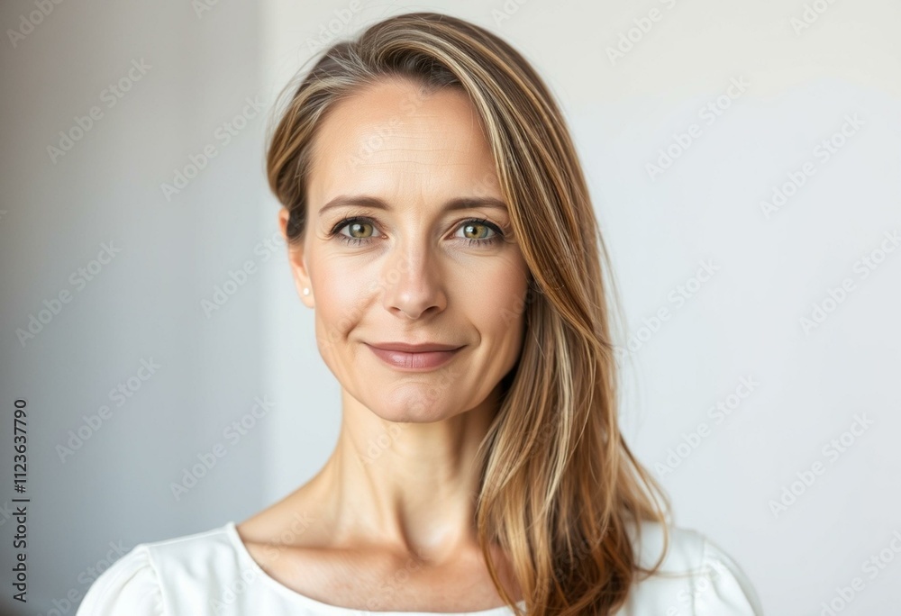 Naklejka premium A half-length portrait of a woman with a neutral expression and a subtle hint of warmth in her eyes, set against a clean and minimalist background.