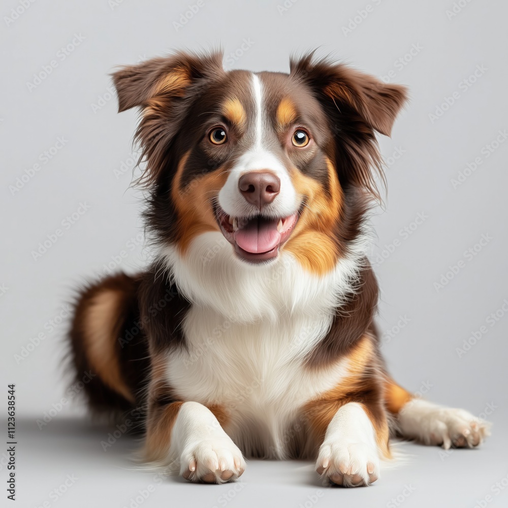 Fototapeta premium Happy Australian Shepherd dog lying down on gray background.
