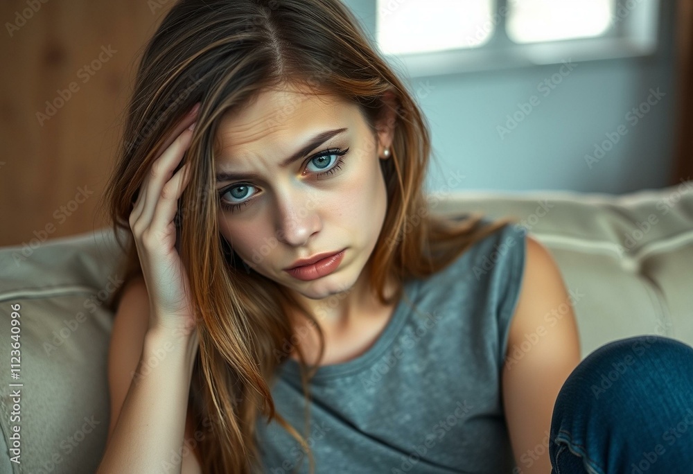 Fototapeta premium A young woman with a sad facial expression sitting on a worn-out couch