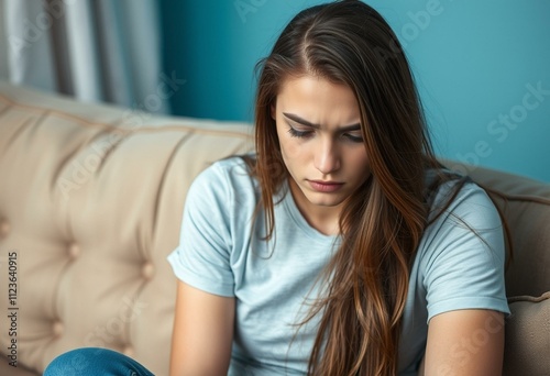 Sad young woman sitting on a couch, looking down