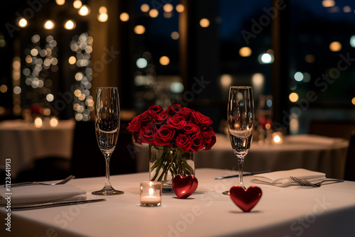 Romantic dinner table evening setting with glasses of champagne in restaurant, Valentines Day concept, 14th february, restaurant promo, advertising