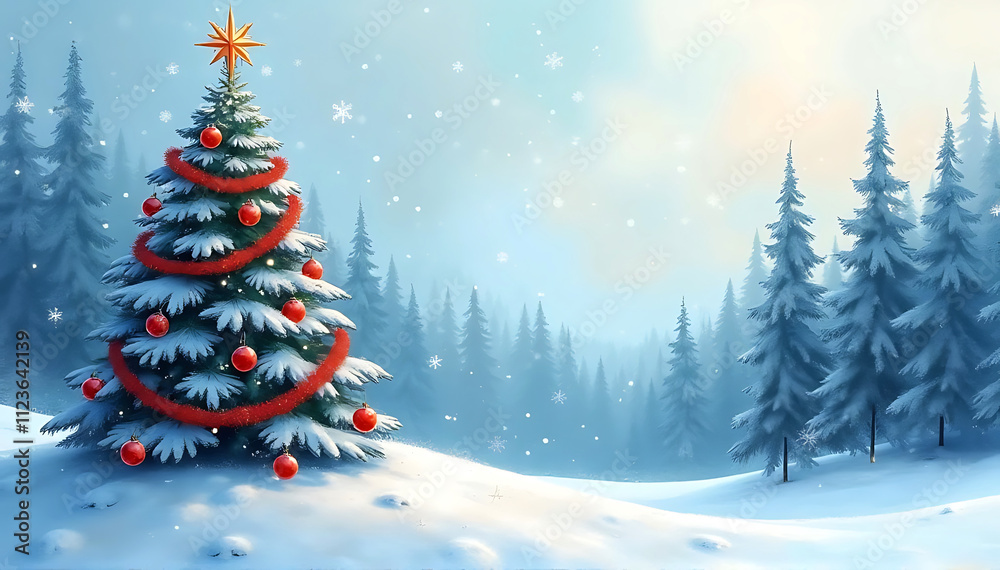 Obraz premium Christmas tree with red ornaments in a snowy landscape, star topper, falling snow, watercolor painting style, soft blue tones, misty background