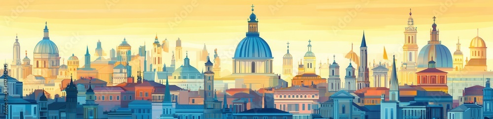 Obraz premium A sweeping aerial view of Rome, Italy, displaying the old city's skyline. The horizontal banner design highlights the landscape and panoramic scenery