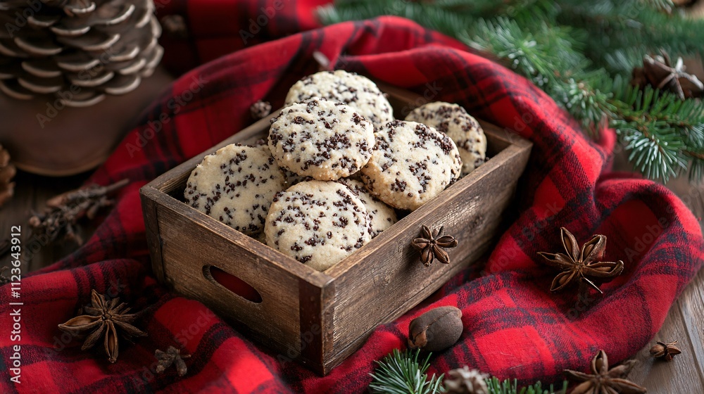 Rustic scene with Pfeffernusse cookies in a small wooden crate, accompanied by cloves and a red plaid cloth