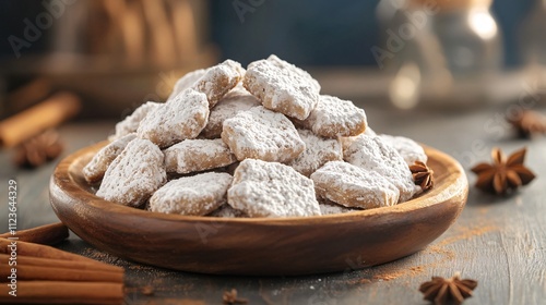 Rustic wooden plate piled with powdered sugar-dusted Pfeffernusse cookies, surrounded by cinnamon sticks and star anise on a vintage table photo