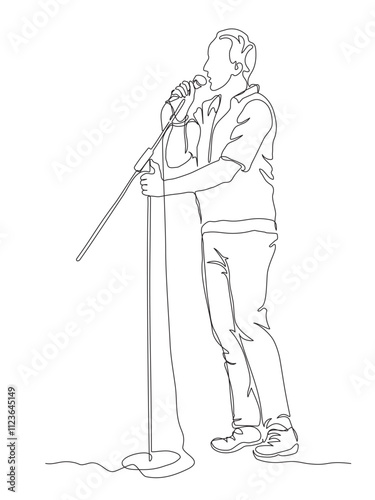 Man singing or talking at microphone on outdoor stage. Continuous line drawing. Black and white vector illustration in line art style.