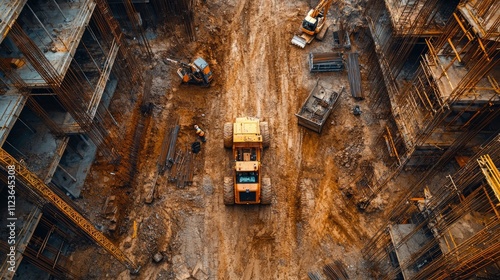 Heavy machinery navigates a bustling construction site, where workers lay foundations and shape the future of urban living. A blend of activity and progress photo