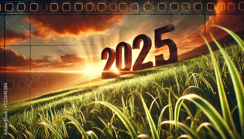 New Year 2025 Letters on Green Grass Cinematic Sunset