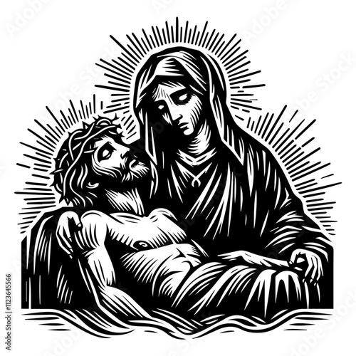 sacred hand-drawn artwork showing mary and jesus with detailed line art design