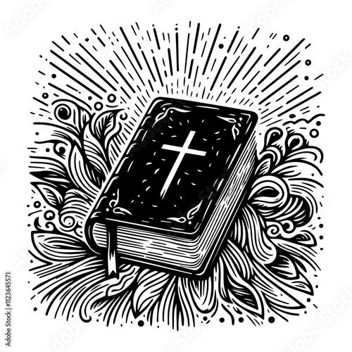 monochrome artwork of a bible with religious motifs