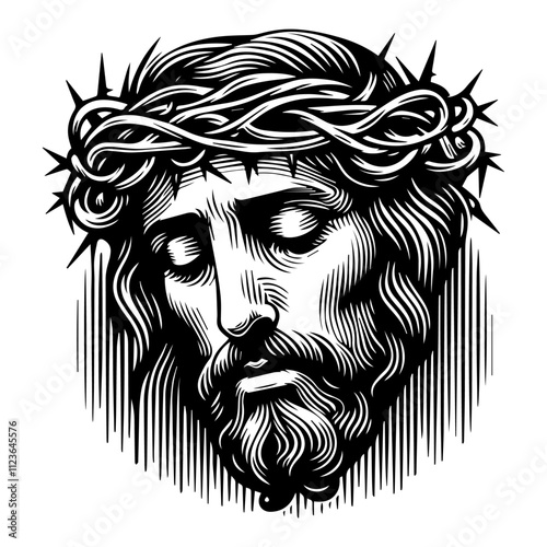 sacred depiction of jesus christ with crown of thorns in detailed line art