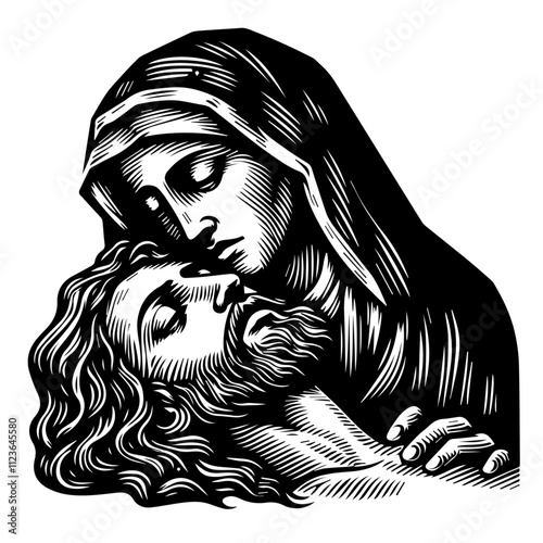 sacred hand-drawn artwork showing mary and jesus with detailed line art design