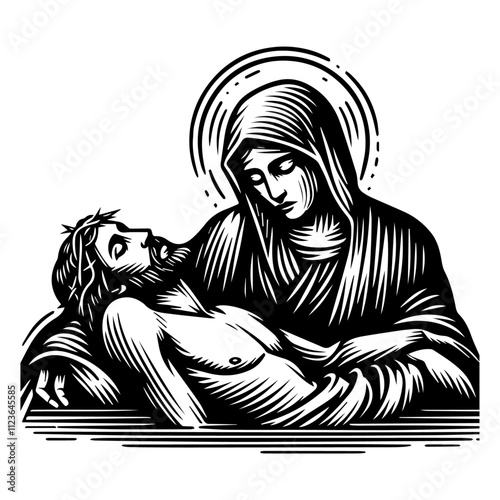 sacred hand-drawn artwork showing mary and jesus with detailed line art design