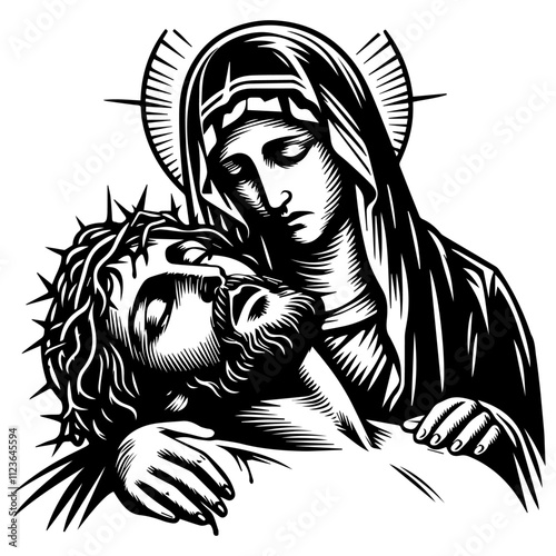 sacred hand-drawn artwork showing mary and jesus with detailed line art design