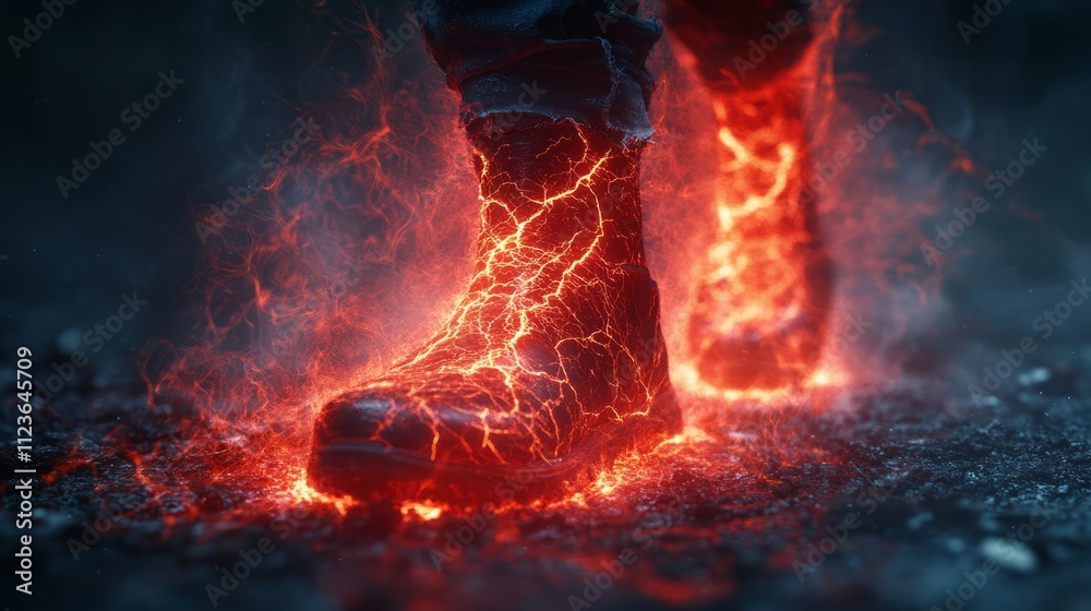 Fototapeta premium Sturdy boots emit electric energy, casting a captivating glow in the darkness