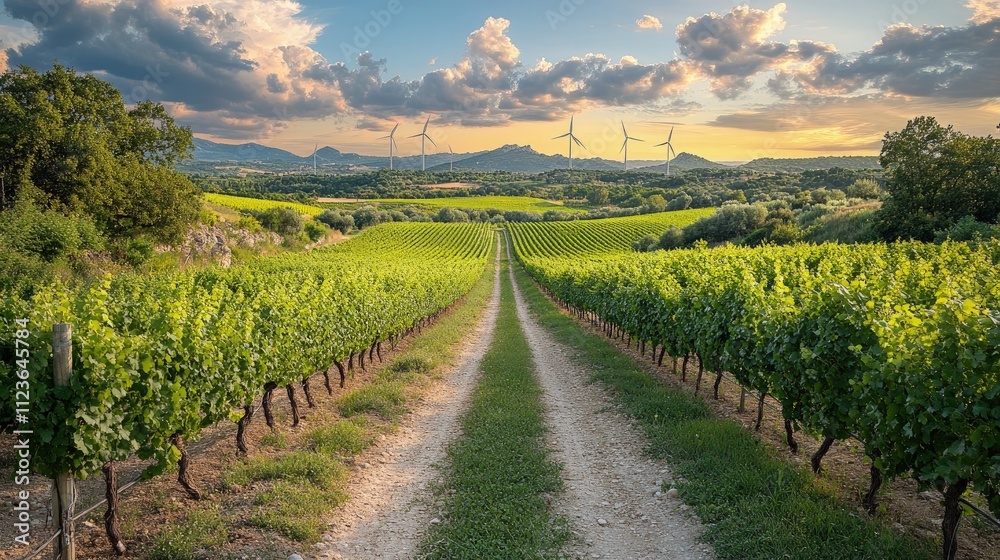 Naklejka premium Vineyard road sunset, green plants, wind turbines.