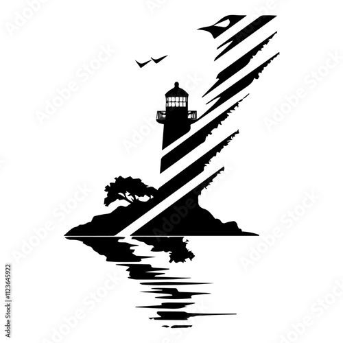 hand-drawn lighthouse with abstract waves