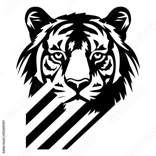 black and white tiger head illustration with bold graphic stripes