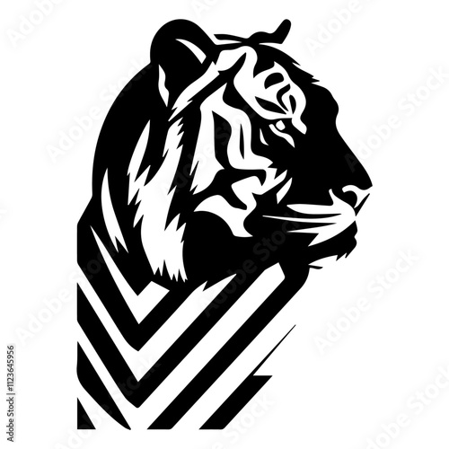 black and white tiger head illustration with bold graphic stripes