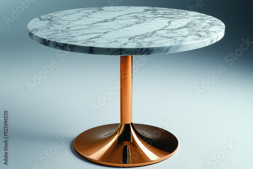 Photo studio d'une table d'appoint ronde en marbre avec base en métal doré, design épuré et moderne, sur fond blanc photo