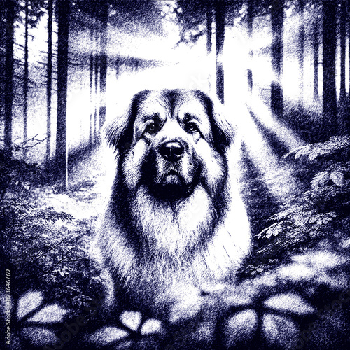 Big dog Caucasian Shepherd in autumn forest. Pencil drawing.