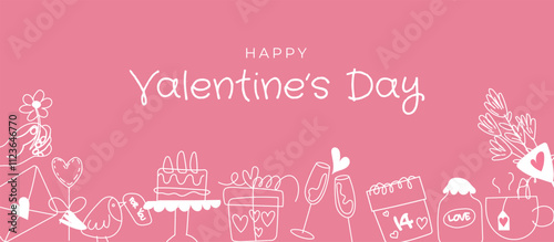 Horizontal banner with pink background and elements for Valentine's Day. Place your text. Valentine's Day sale header or coupon template, postcard. Vector illustration.	