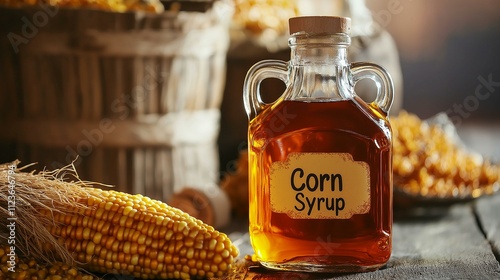 Rustic bottle of corn syrup amidst fresh corn cobs on a wooden table in warm, natural light. photo