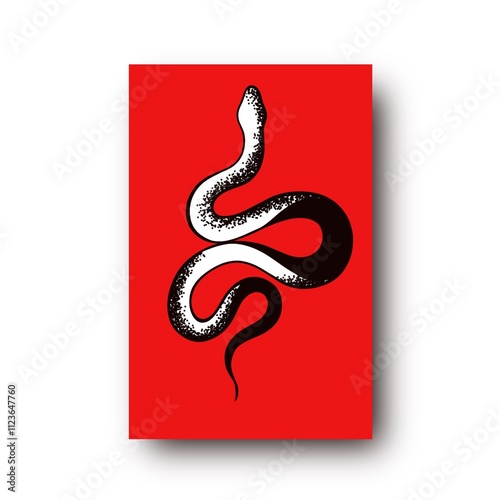 Tattoo snake on a red background. Traditional black dot style ink. Traditiona...