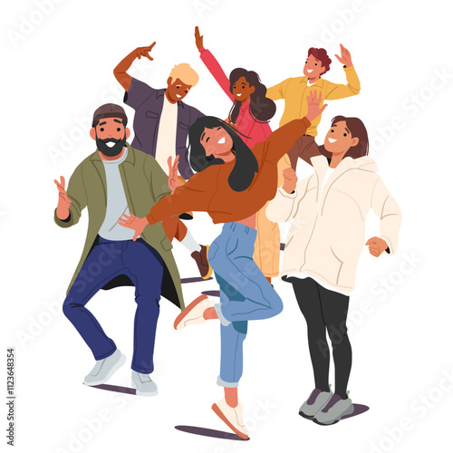 Happy joyful multiracial friends posing in different pose expressing positive emotions cartoon scene