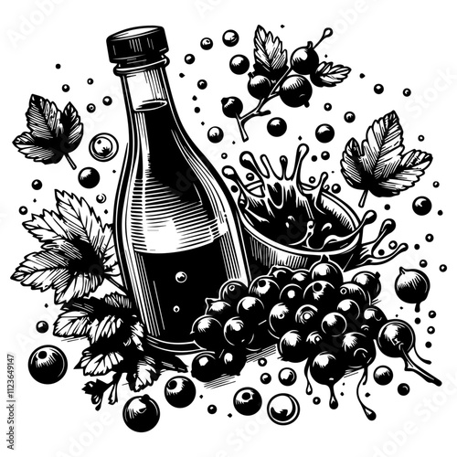 black and white illustration of fruit juice glass with currants and leaves