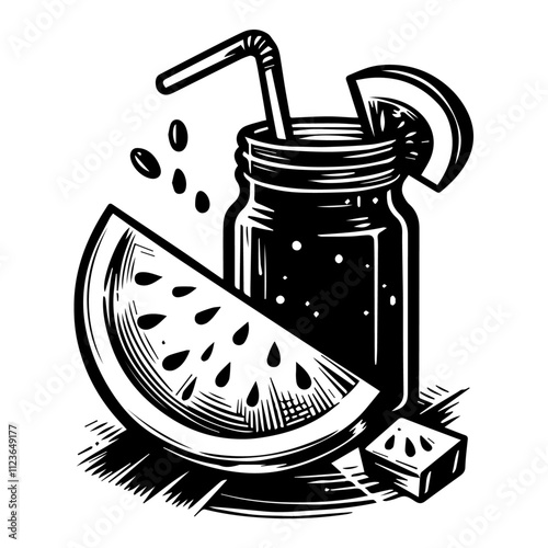 vintage-style illustration of a watermelon slice and juice in a mason jar