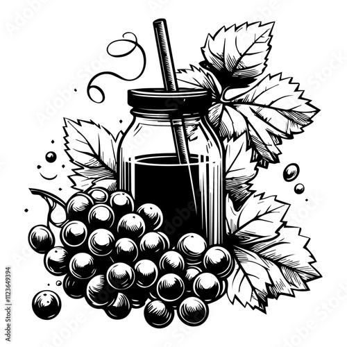 hand-drawn wine glass and jug with fresh grapes in engraving style – black vector