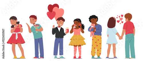 Cute little boys and girls cartoon valentine day characters feeling love expressing flushed and shy